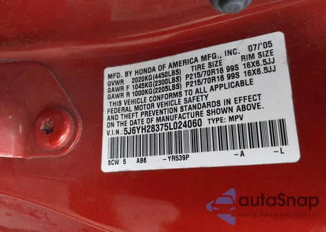 2005 Honda Element Lx z USA, uszkodzony, nr VIN 5J6YH28375L024060